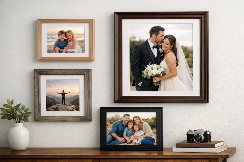 Wood photo frames for wall photos gallery displays and picture framing