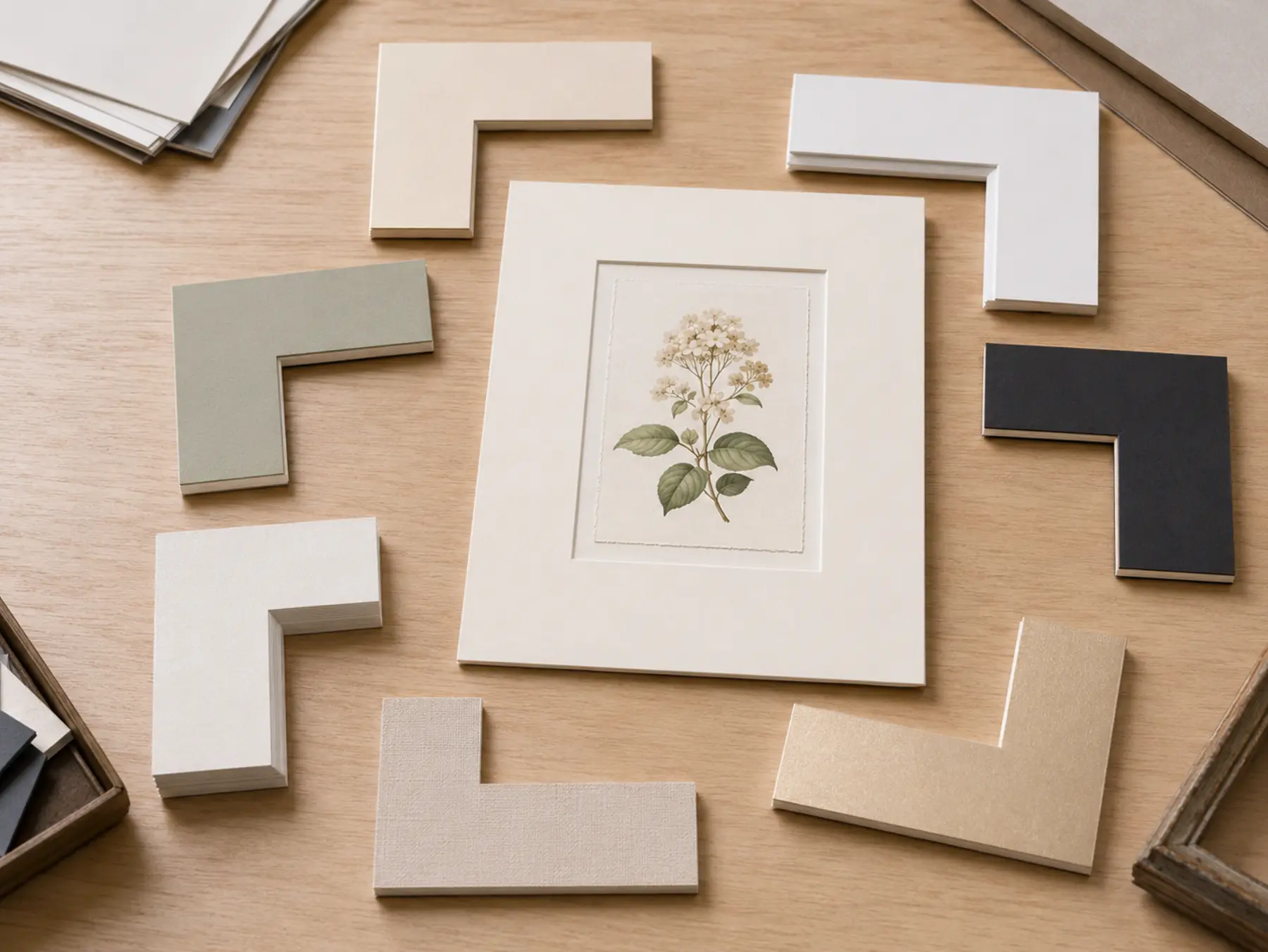 Botanical artwork with picture mat samples in several colors, surfaces, cores, and thicknesses