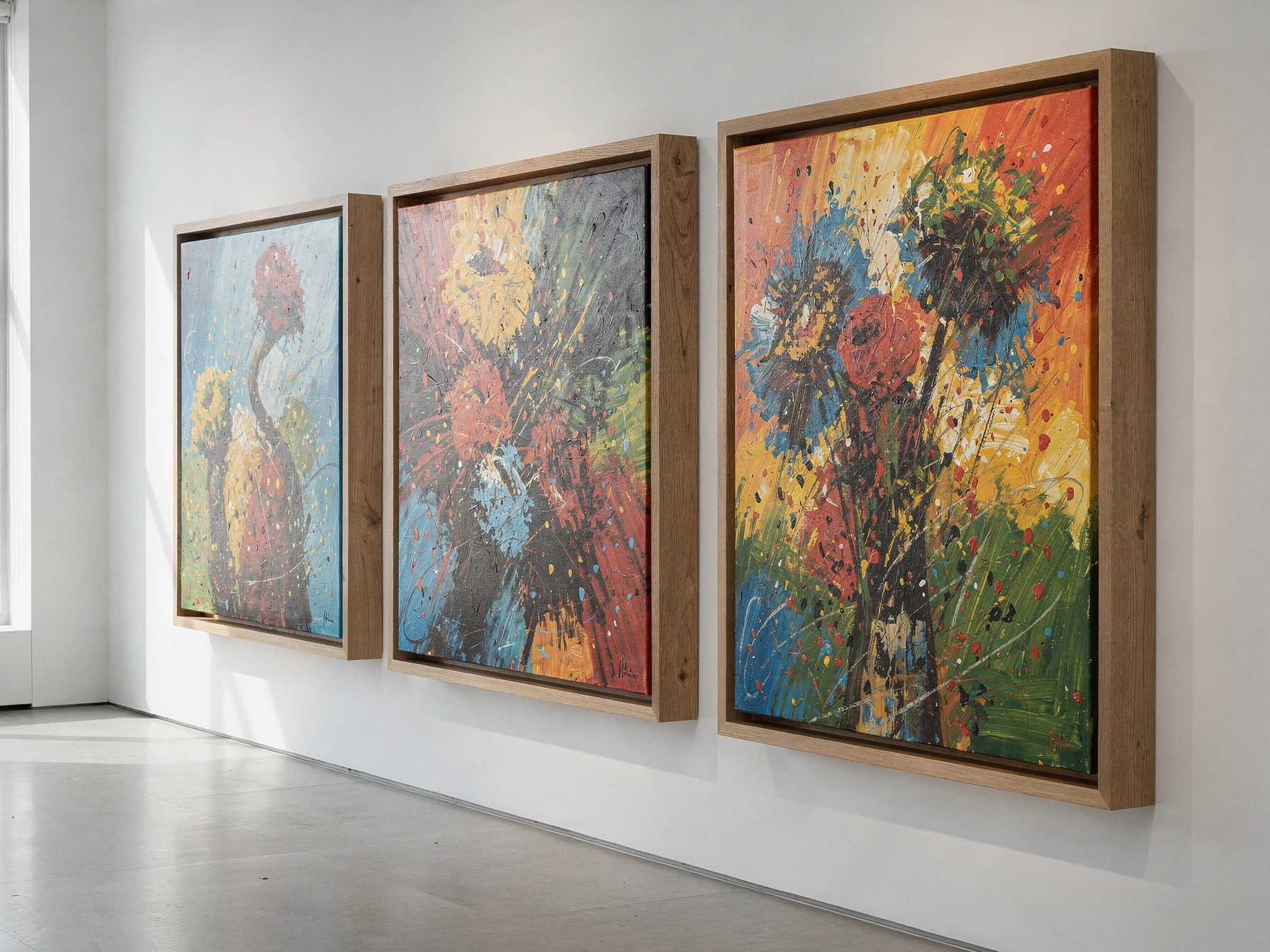 Three colorful canvas paintings displayed in natural wood floater frames with visible reveals
