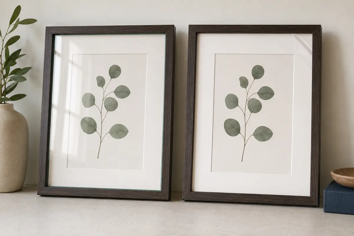 Two matching framed botanical prints comparing reflective glass glazing with clear acrylic glazing