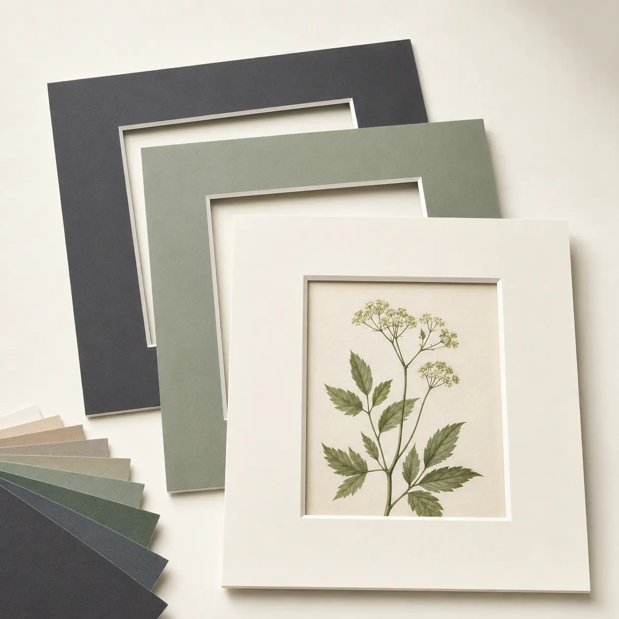 Custom-cut picture mats in several colors with precise beveled openings